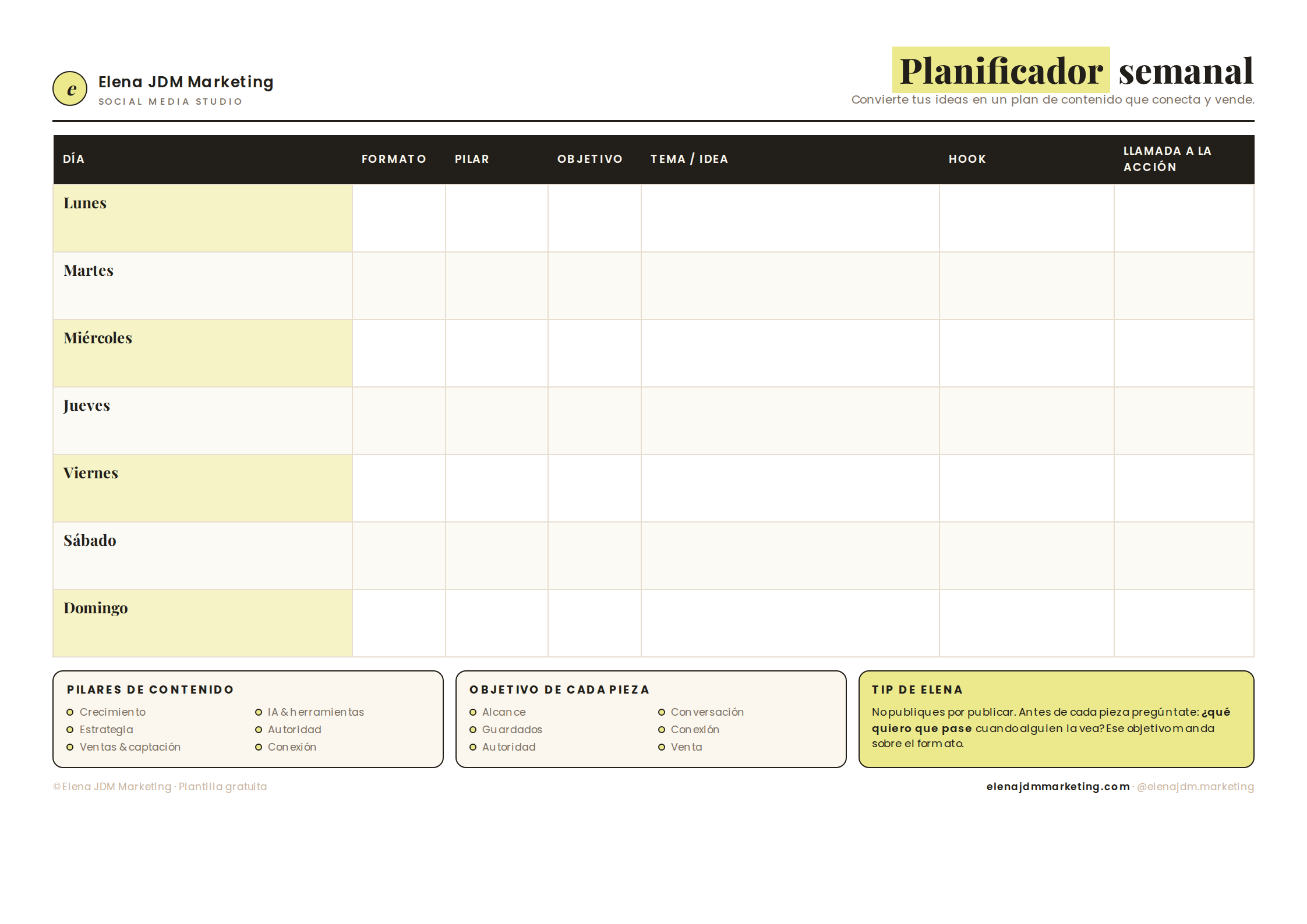 Vista previa de la plantilla de calendario de contenido semanal de Elena JDM Marketing
